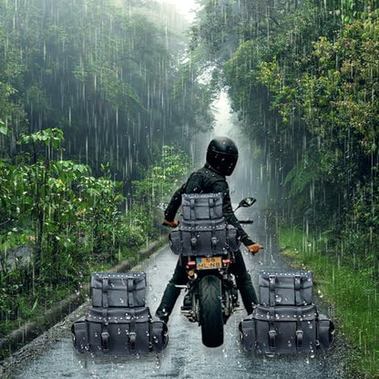 Leather Motorcycle Studded Sissy T Bar Bag - Weather Resistant Motorcycle 4 Piece Luggage Bag with Multiple Storage Compartments, Adjustable Mounting Rig, Removable Rain Cover (Black)