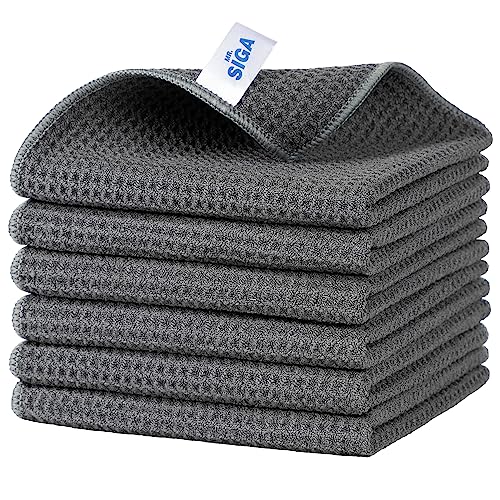 MR.SIGA Waffle Pattern Cleaning Cloths, Reusable Absorbent Microfiber Cleaning Cloths, Lint Free Microfiber Kitchen Towels, 6 Pack, Gray, 12.6 x 12.6 inch - color: Gray