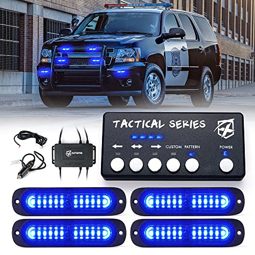 Xprite Blue LED Surface Mount Strobe Police Lights Kit, Emergency Safety Warning Flashing Grille Cop Marker Light for Volunteer Vehicles Trucks ATV UTV Cars Vans Motorcycle - 4PCS - color: Blue, size: 4PCS