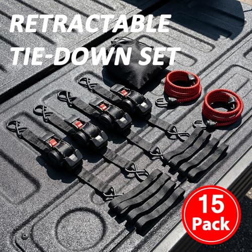 Retractable Ratchet Straps (4 Pack) - 1" x10 ft Heavy Duty with Auto Retract, Safety Lock Hooks & 1650 lb - Soft Loops + Bungee Cords for Truck, Trailer, Motorcycle, ATV, UTV, Moving