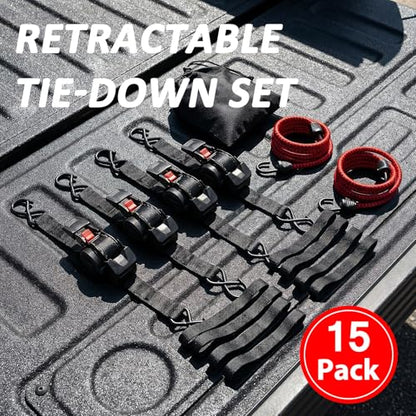Retractable Ratchet Straps (4 Pack) - 1" x10 ft Heavy Duty with Auto Retract, Safety Lock Hooks & 1650 lb - Soft Loops + Bungee Cords for Truck, Trailer, Motorcycle, ATV, UTV, Moving