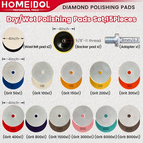 15PCS Diamond Polishing Pads Set 4 Inch, HOMEIDOL 50-8000 Grit Marble Polishing Kit for Concrete Stone, Wet/Dry Granite Polishing Kit for Drill, Grinder, Polisher with 5/8"-11 Backer Pad