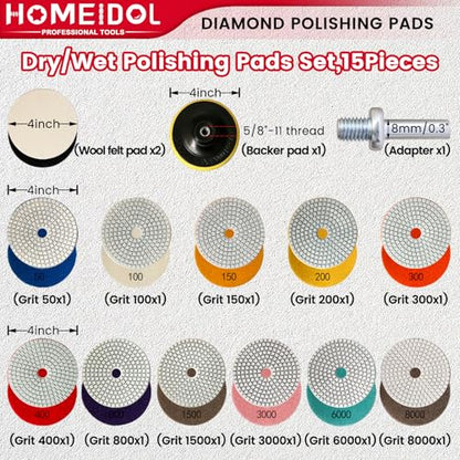15PCS Diamond Polishing Pads Set 4 Inch, HOMEIDOL 50-8000 Grit Marble Polishing Kit for Concrete Stone, Wet/Dry Granite Polishing Kit for Drill, Grinder, Polisher with 5/8"-11 Backer Pad