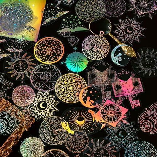 Gold Holographic Stickers, Obujopal 90Pcs Magic Constellat Astronomy Stickers for Scrapbooking Journaling Collage Junk Journal Diary Planner Card Making Envelope DIY Art Crafts Photo Album