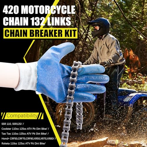 420 Motorcycle Chain 132 Links fit for 50 70 90 110 125cc SSR TaoTao Coolster Apollo Baja 212cc Go Kart Mini Bike Powersports Parts Chinese ATV 4 Wheeler Quad Pit Dirt Bike with Chain Breaker