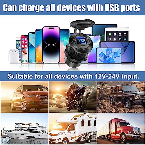 2 PACK 12V USB Car Socket Round USB C 12V Outlet, 3-Port Marine Fast Charger Waterproof Cigarette Outlet Replacement Aluminum with Switch and Voltmeter, Suitable for Boat Golf Cart RV Motorcycle - color: pack of two