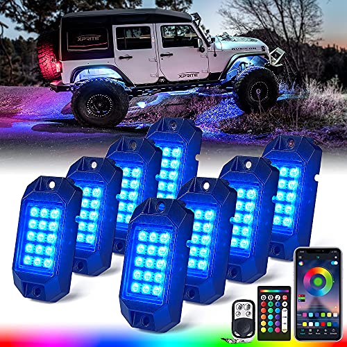 Xprite RGB Bluetooth Rock Lights Kit, Multicolor Neon Lighting Cars Underglow Footwell Wheel Well Light Pods, w/RF Remote Controller for Off-Road, Trucks, UTV, ATV, SUV, RZR, Motorcycles, Boat 8 PCS - color: Standard Housing, size: 8 Pods