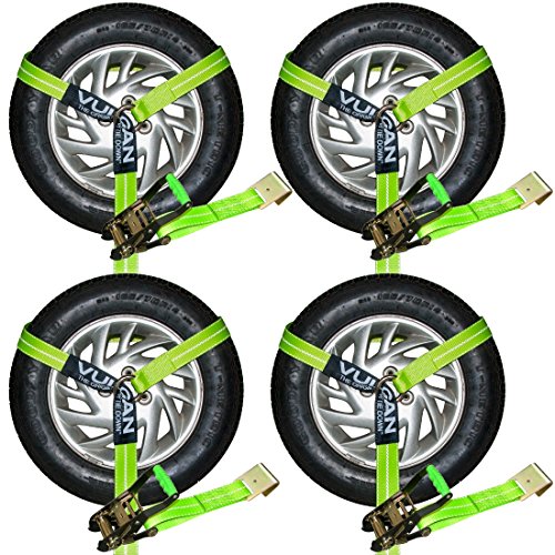 VULCAN Car Tie Down with Flat Hooks - Lasso Style - 2 Inch x 96 Inch - 4 Pack - High-Viz - 3,300 Pound Safe Working Load - size: Flat Hooks - High Viz Green (4 Pack)