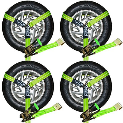 VULCAN Car Tie Down with Flat Hooks - Lasso Style - 2 Inch x 96 Inch - 4 Pack - High-Viz - 3,300 Pound Safe Working Load - size: Flat Hooks - High Viz Green (4 Pack)