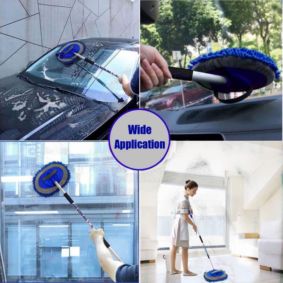 62" Car Wash Brush Mop Kit with Long Handle, 2 in 1 Chenille Microfiber Sponge Mitt Cleaning Detailing Duster for Washing Cars Truck SUV RV Caravans and Household(2 x Mop Head) (Blue) - color: Blue