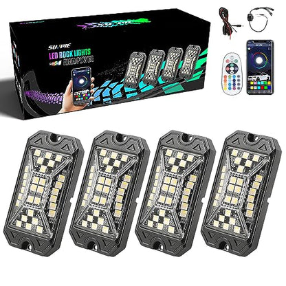 SUNPIE 4 Pods RGBW Rock Lights – Full Beam Angle, 30 High Power Chips, Aluminium Housing, Mounting Pads Included, IP67 Waterproof, Music Mode Underglow Lights, Fits Trucks, SUV, ATV, UTV, Boats - size: 4Pcs