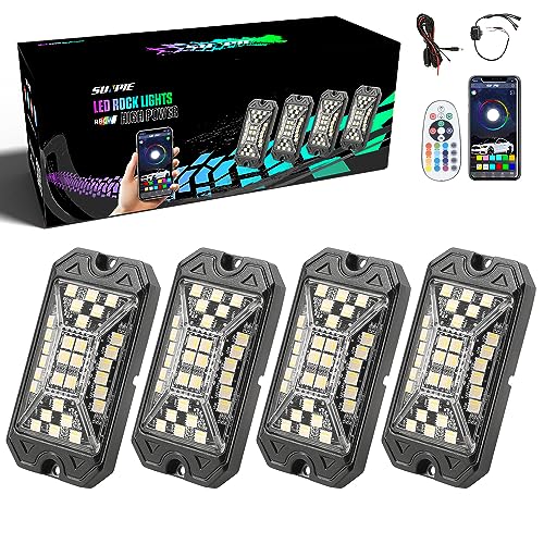 SUNPIE 4 Pods RGBW Rock Lights – Full Beam Angle, 30 High Power Chips, Aluminium Housing, Mounting Pads Included, IP67 Waterproof, Music Mode Underglow Lights, Fits Trucks, SUV, ATV, UTV, Boats - size: 4Pcs