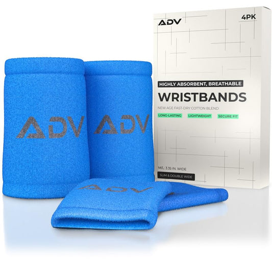 ADV Tennis Wristbands with New Age Polyester Cotton Blend - Ultra Absorbent Wrist Sweatbands - Doublewide & Slim Wrist Bands for Sweat - 4 Pack or 2 Pack - color: 4-Pack Blue, size: Medium-Large