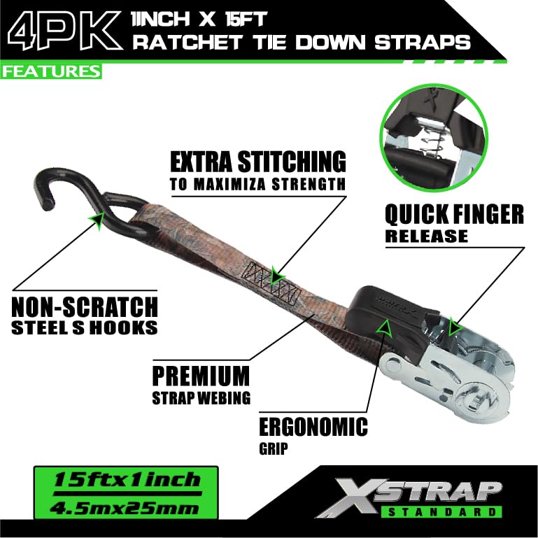 XSTRAP STANDARD 4 Pack 1" x 15' Ratchet Tie Down Straps - 630 Lbs Load Cap, 1890 Lbs Break Strength, Heavy Duty Cargo Straps for Moving, Truck & Motorcycle, Camouflage - style: 4pk 1inchx15ft 1890lbs camouflage