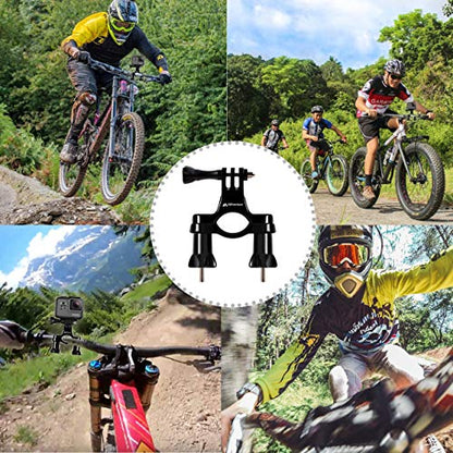 Bicycle Bike Handlebar Mount Adapter for GoPro Hero 13 12 11 10 9 8 7 6 5 4 3 2 1 + Fusion Session Black Silver EK7000 Sjcam Seatpost Pole Clamp + 3 Way Adjustable Pivot Arm for Action Cameras