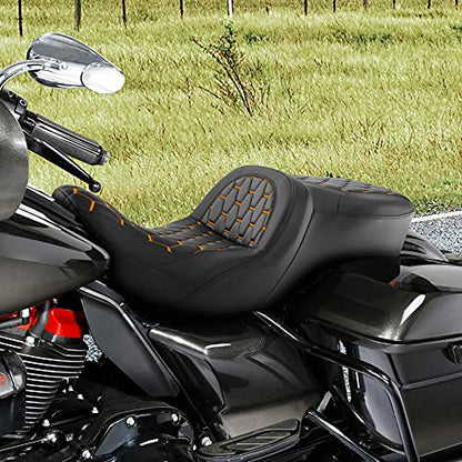C.C. RIDER Motorcycle 2 Up Rider Driver&Passenger Seat Fit for Harley Touring CVO Road Glide Electra Glide Street Glide Road King 2009-2023 - color: Seat 16#Orange Stitching