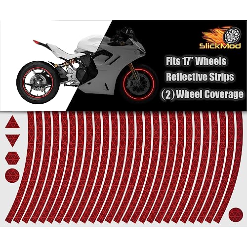 SlickMod - 17" Rim Size Motorcycle Reflective Wheel Stripes Kit - 2 Wheels/Rims Coverage Premium Stickers Pack - High Visibility (4. Red) - color: 4. Red