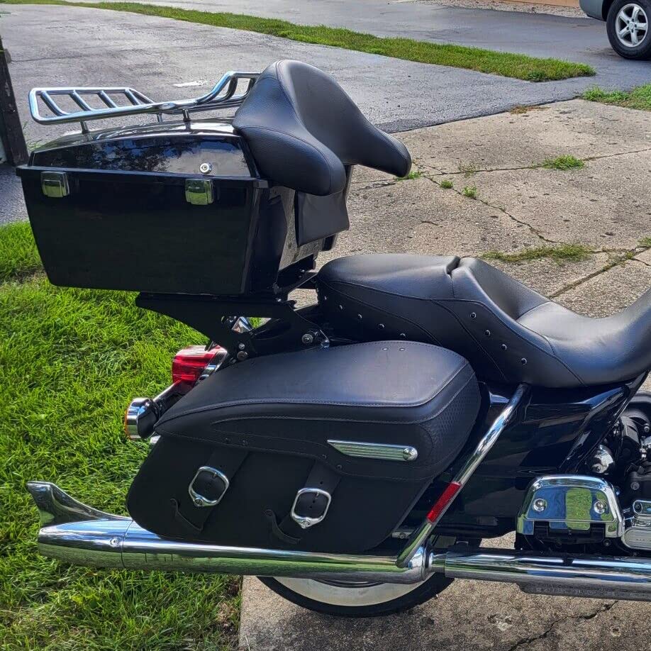 ECOTRIC King Luggage Trunk W/Backrest & Mount Rack Compatible with Harley Davidson Touring Model 2009-2013 Electra Glide/CVO/Road Glide/Road King/Street Glide Top Luggage Rack Carrier Set - color: Black, size: King Luggage Trunk W/ Backrest Pad & Luggage