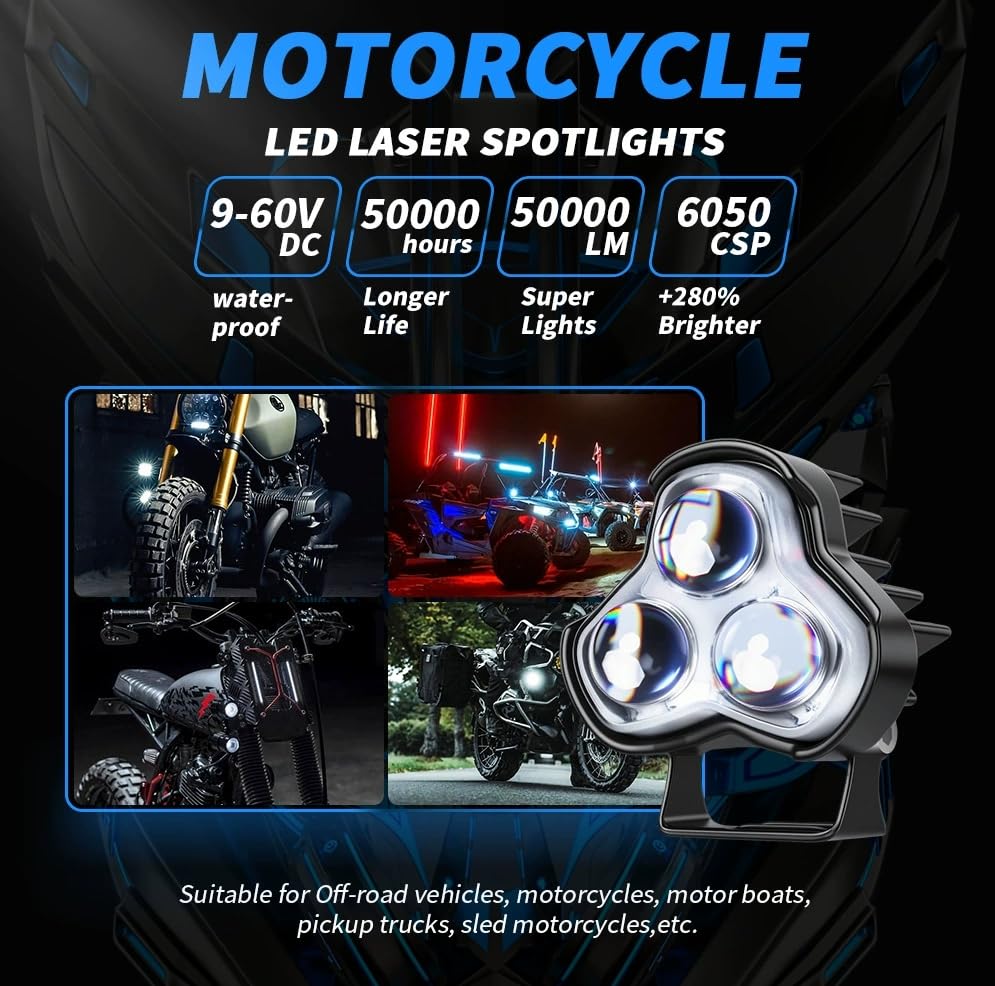 Triple 6050 LED Motorcycle Fog Lights, DC 9-60V 16W Auxiliary Spot Lights with Adjustable Bracket, IP67 Waterproof for Off Road & Night Riding